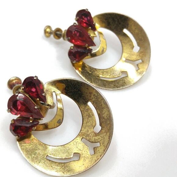 Vintage Sterling Red Rhinestone Dangle Screw Back Earrings, 1940s, Gold Wash - Picture 6 of 9